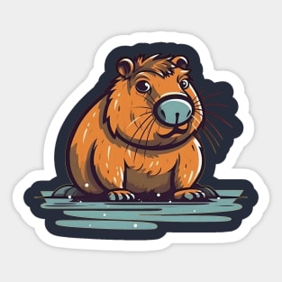 Capybara in pond. Cartoon logo illustration Sticker